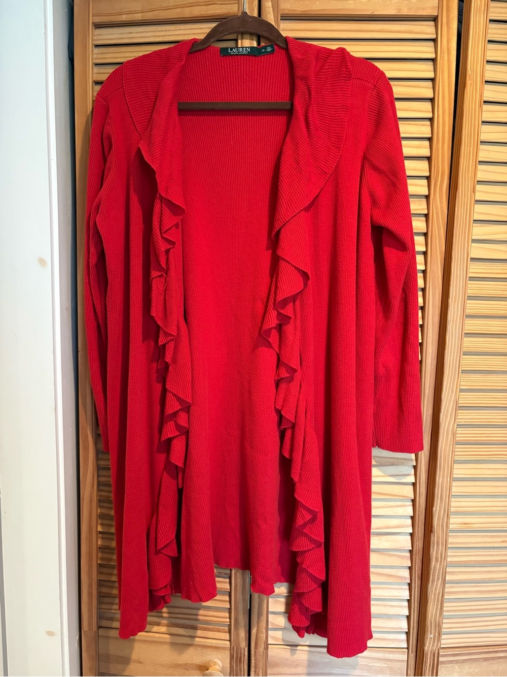 Lauren Ralph Lauren Red Ruffled Cascade Open-Front Women's Cardigan Colorful